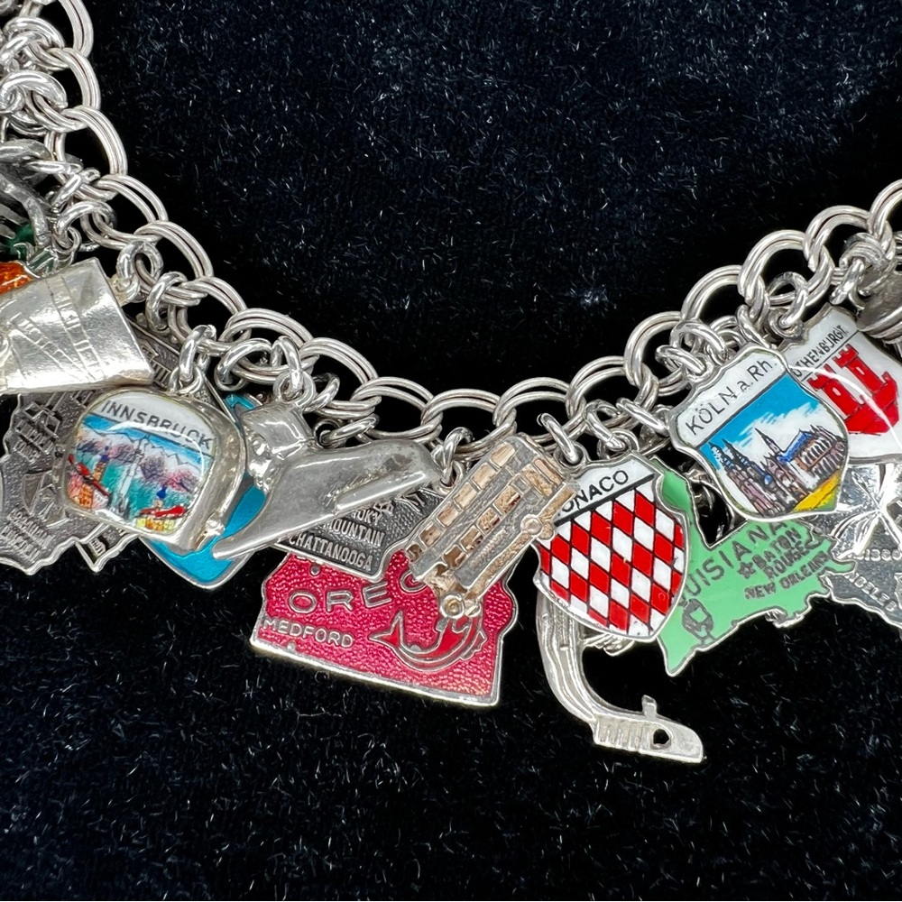 Vintage Travel LOADED Sterling 925 Silver Enamel Foreign & USA Charm Bracelet - Picture 6 of 16